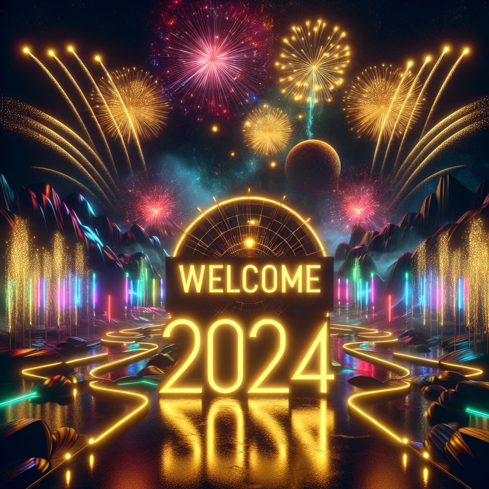 large text Bem Vindo 2024 elegant letters in golden neonbackground with fireworksglowing number 2024neon lights and party atmosphere3d rendering3d rendertypographyphotovibrantdark fantasyproductfashion text effect image