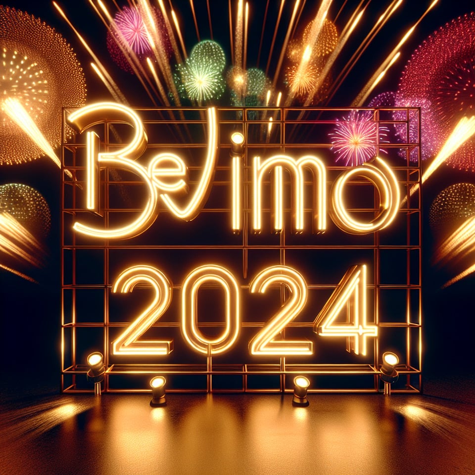 large text Bem Vindo 2024 elegant letters in golden neonbackground with fireworksglowing number 2024neon lights and party atmosphere3d rendering3d rendertypographyphotovibrantdark fantasyproductfashion text effect image