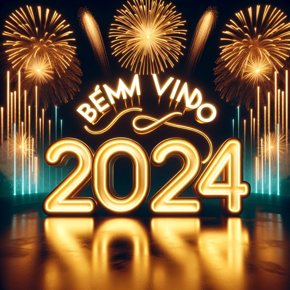 large text Bem Vindo 2024 elegant letters in golden neonbackground with fireworksglowing number 2024neon lights and party atmosphere3d rendering3d rendertypographyphotovibrantdark fantasyproductfashion text effect image