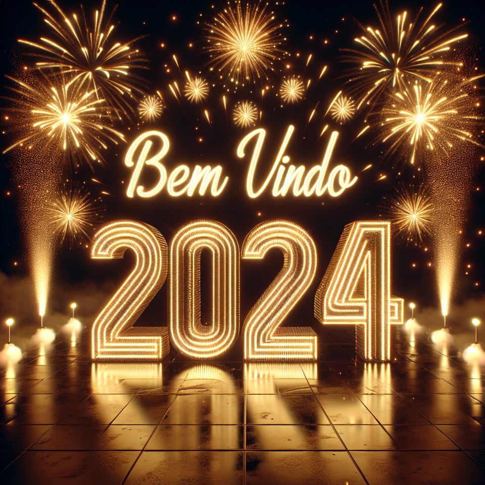 large text Bem Vindo 2024 elegant letters in golden neonbackground with fireworksglowing number 2024neon lights and party atmosphere3d rendering3d rendertypographyphotovibrantdark fantasyproductfashion text effect image
