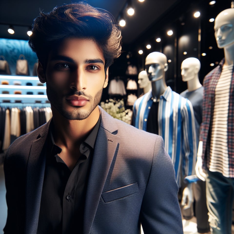 A handsome young men model promoting clothing brandin clothing showroom text effect image