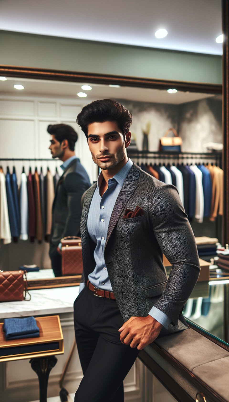 A handsome young men model promoting clothing brandin clothing showroom text effect image