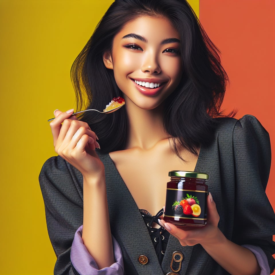 A beautiful young female model promoting Fruit Jam brand text effect image