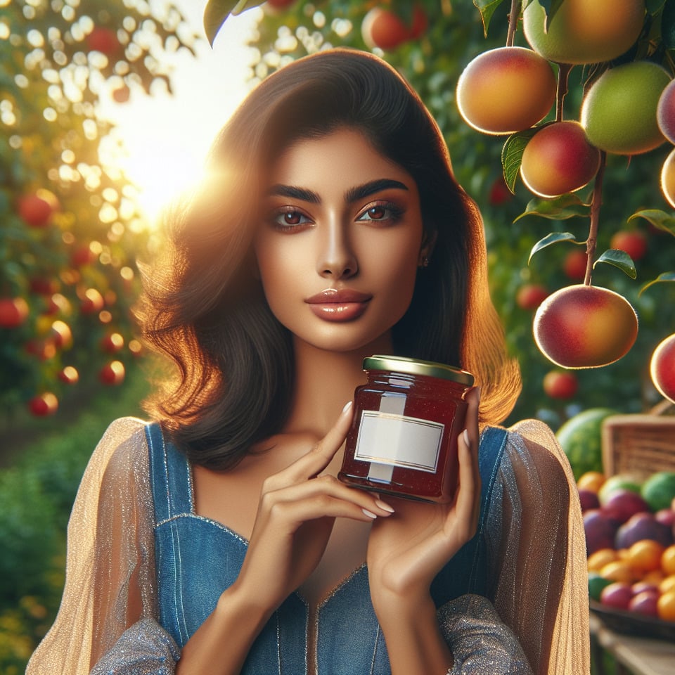 A beautiful young female model promoting Fruit Jam brand in fruit garden. text effect image