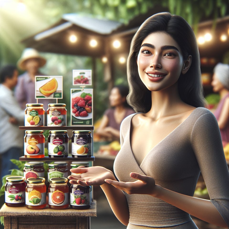 A realistic beautiful young female model promoting Fruit Jam brand real environment text effect image