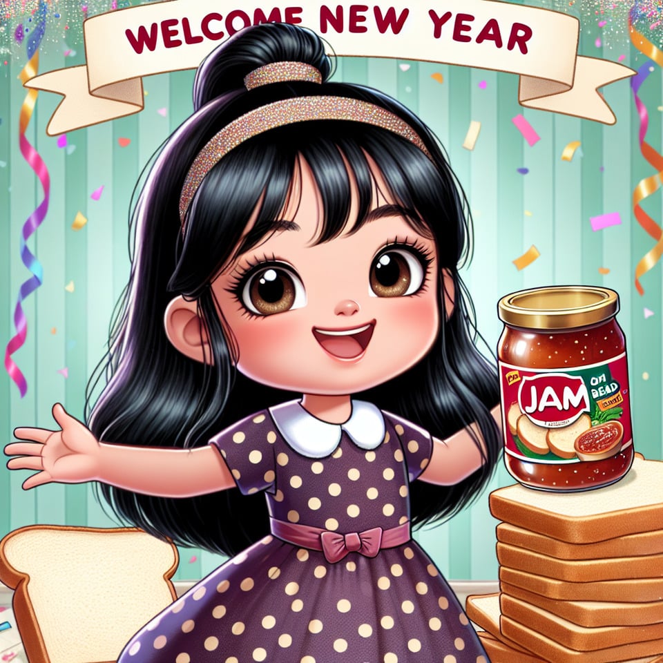 cartoon of a young Indian girl dressed in a polka-dotted frock with black hair and a half-pony tied uppromoting Jam on bread in new year text effect image