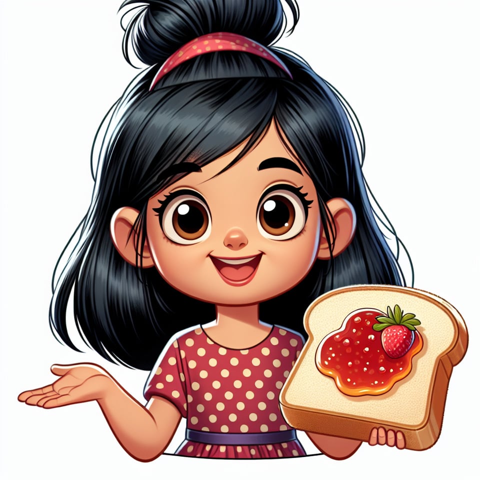 cartoon of a young Indian girl dressed in a polka-dotted frock with black hair and a half-pony tied uppromoting Jam on bread text effect image