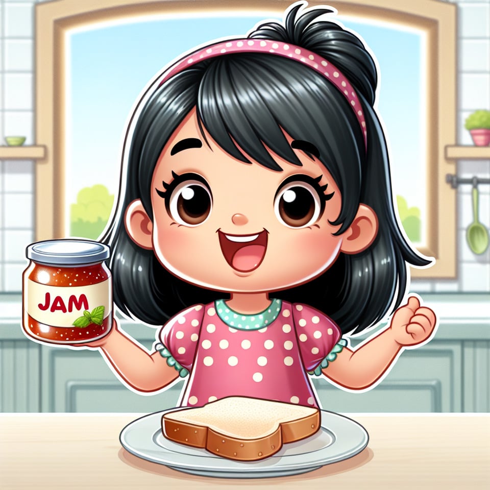 cartoon of a young Indian girl dressed in a polka-dotted frock with black hair and a half-pony tied uppromoting Jam spread on bread. text effect image