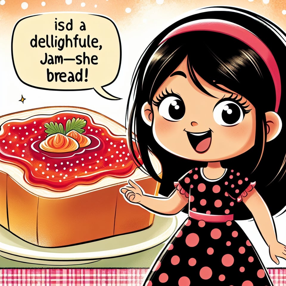 cartoon of a young Indian girl dressed in a polka-dotted frock with black hair and a half-pony tied uppromoting bread with jam text effect image