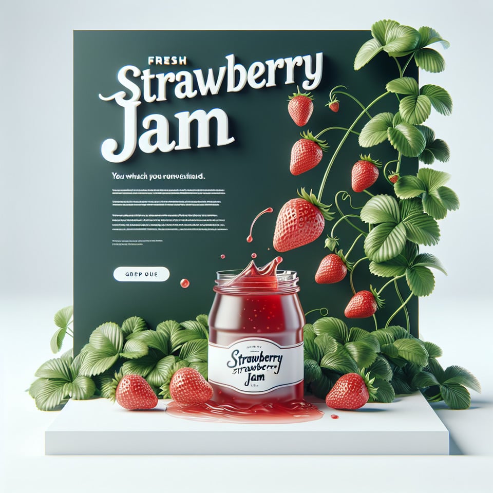 Strawberry jam adsfresh fruit dropping down from strawberry plant in 3d illustration isolated on white background text effect image