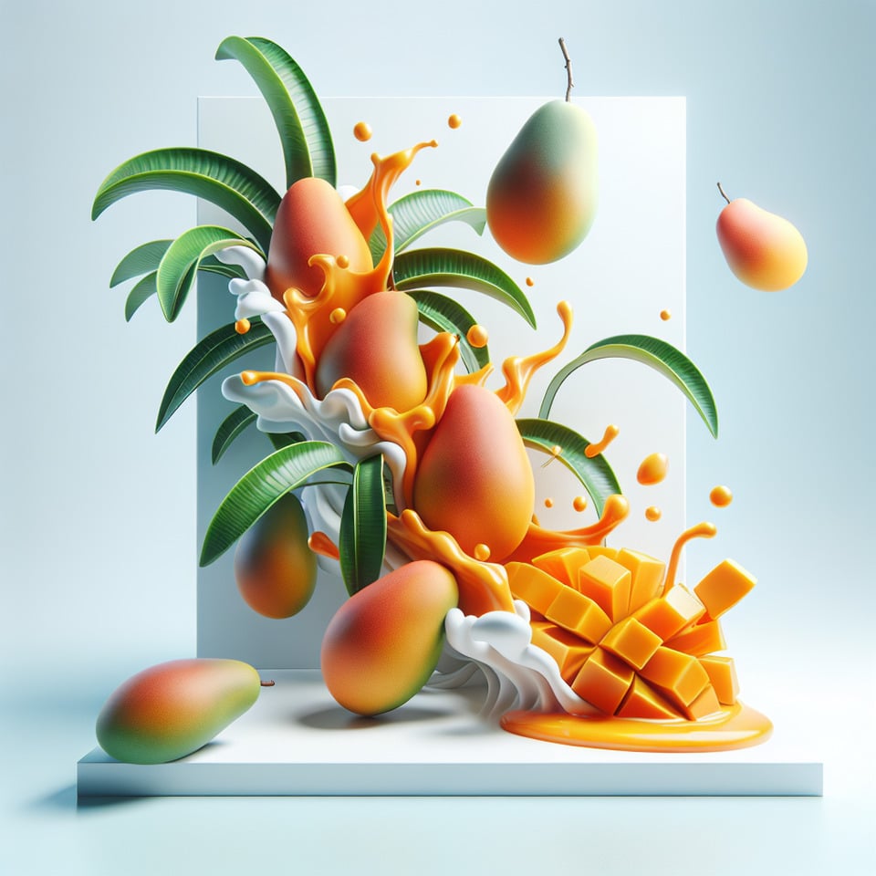 Mango jam adsfresh fruit dropping down from Mango plant in 3d illustration isolated on white background text effect image