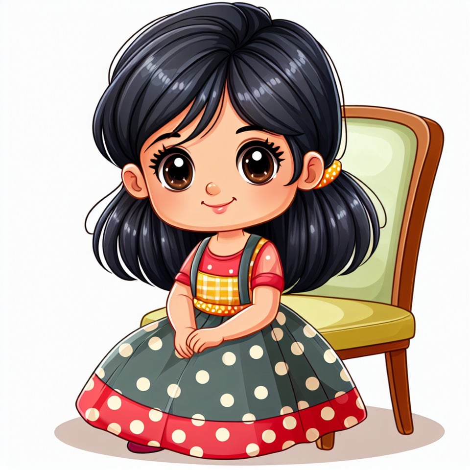 cartoon of a young Indian girl dressed in a polka-dotted frock with black hair and a half-pony tied upsitting on a dinning chair. text effect image