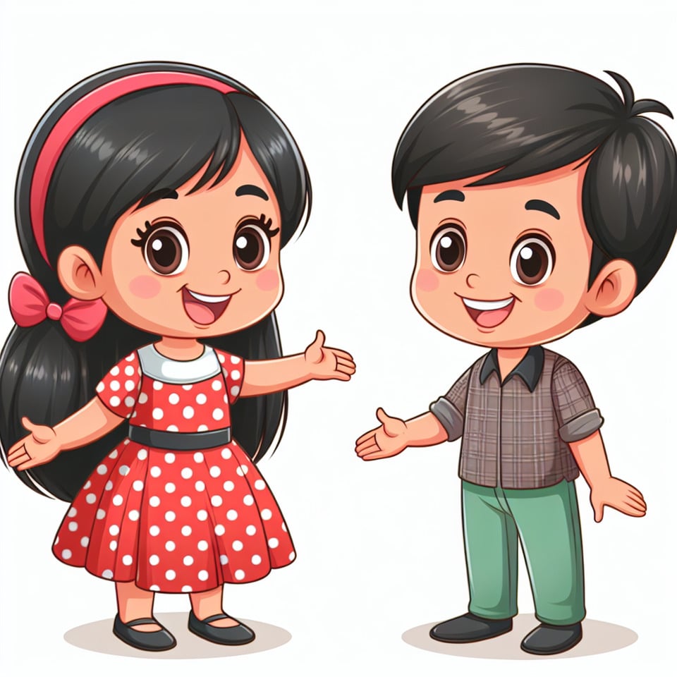 cartoon of a young Indian girl dressed in a polka-dotted frock with black hair and a half-pony tied upgreats his male friend  text effect image
