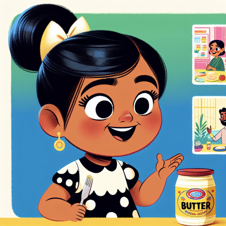 cartoon of a young Indian girl dressed in a polka-dotted frock with black hair and a half-pony tied uppromoting butter brand text effect image