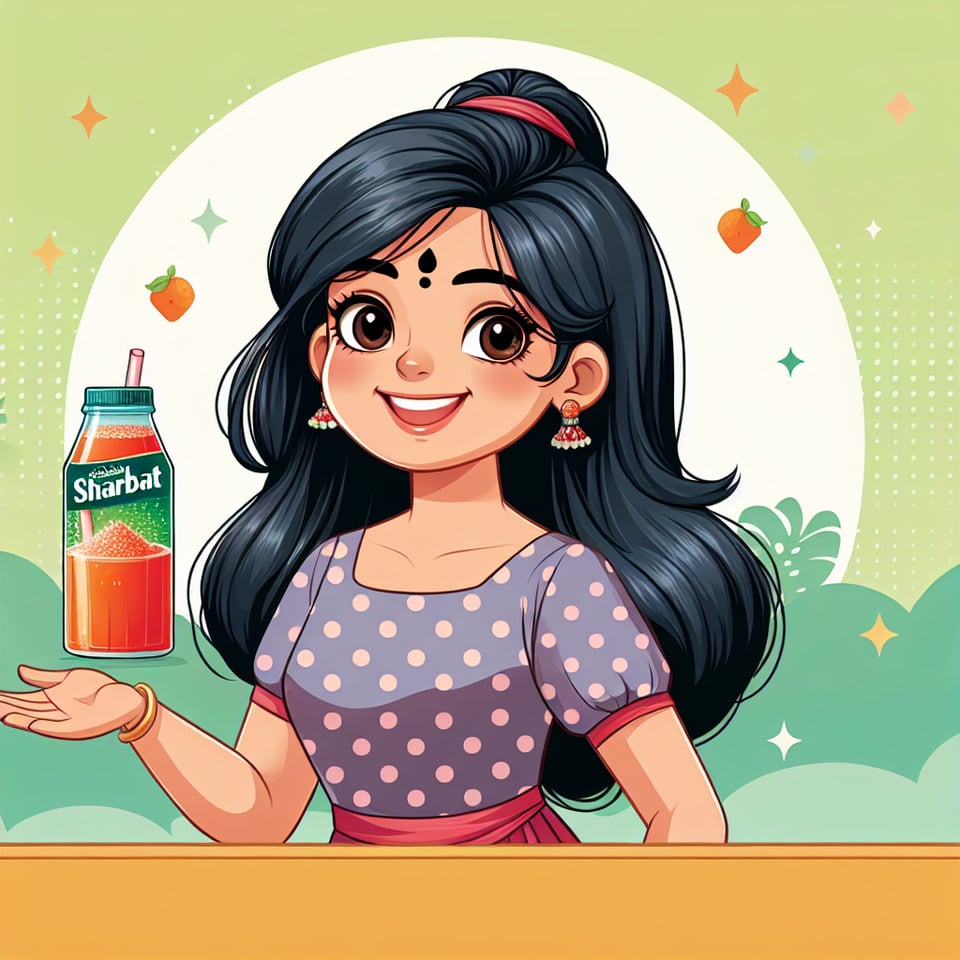 cartoon of a young Indian girl dressed in a polka-dotted frock with black hair and a half-pony tied uppromoting sharbat brand text effect image