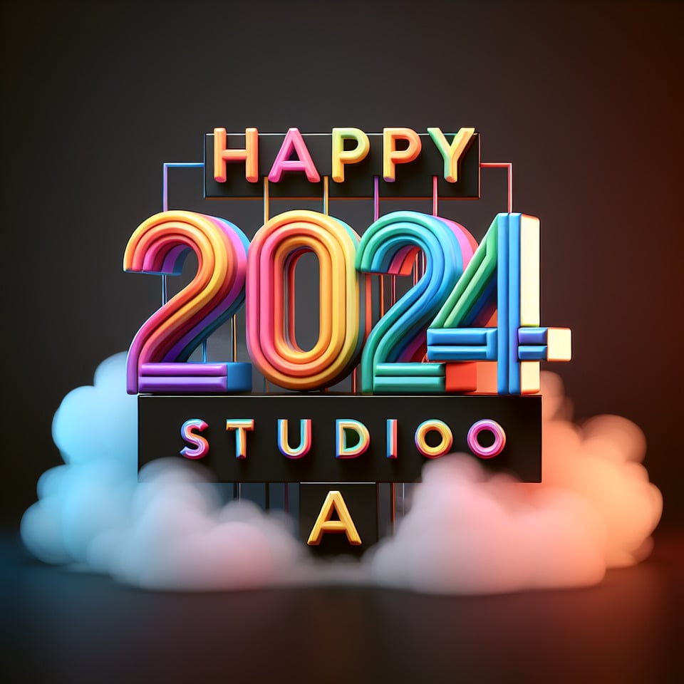 Texto Feliz 2024 Studio A com texto 3D colorido e fundo esfumaçado text effect image