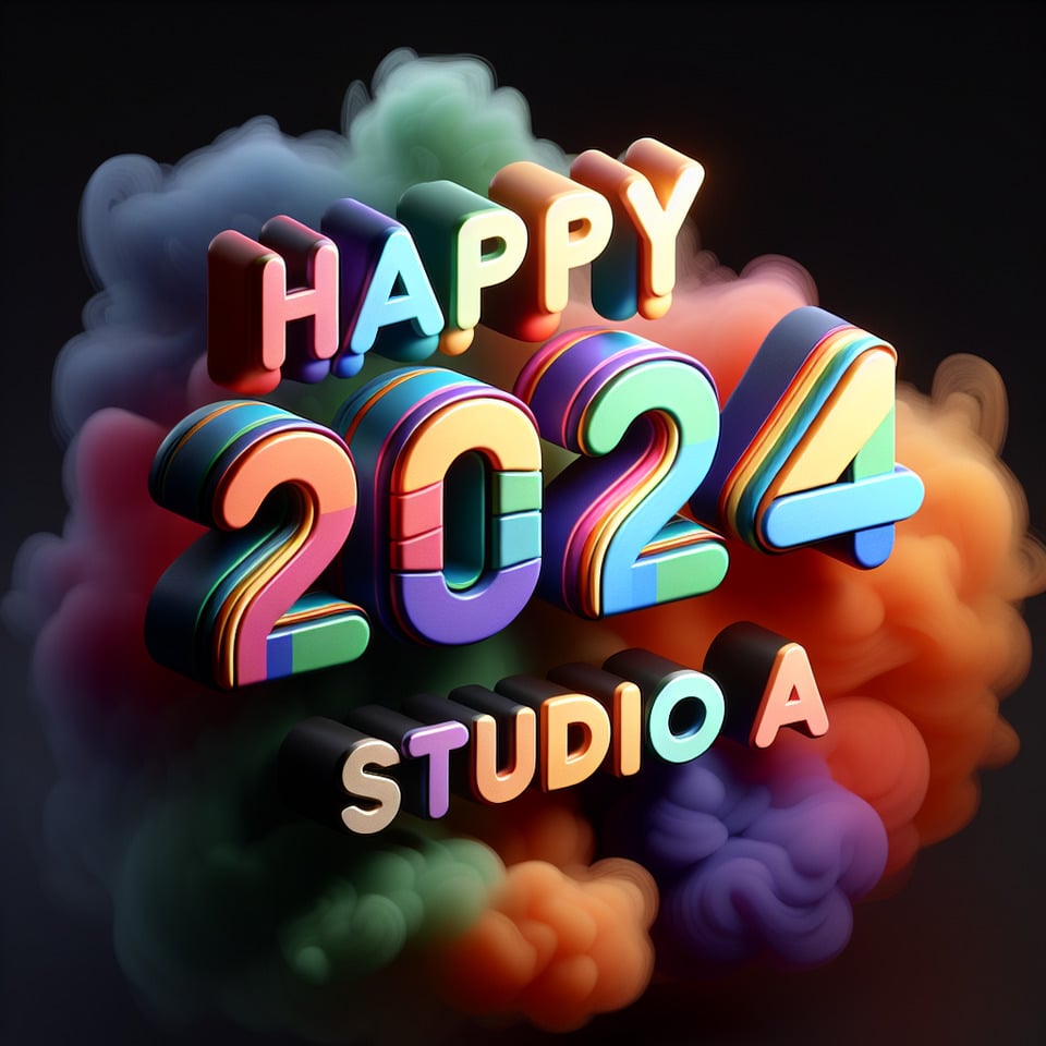 Texto Feliz 2024 Studio A com texto 3D colorido e fundo esfumaçado text effect image