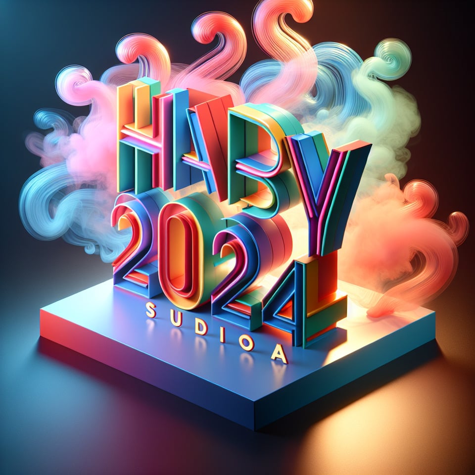 Texto Feliz 2024 Studio A com texto 3D colorido e fundo esfumaçado text effect image
