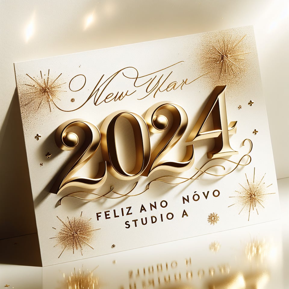 text 2024 Feliz  Ano Novo Studio A  lettering in luxury gold color on white background text effect image