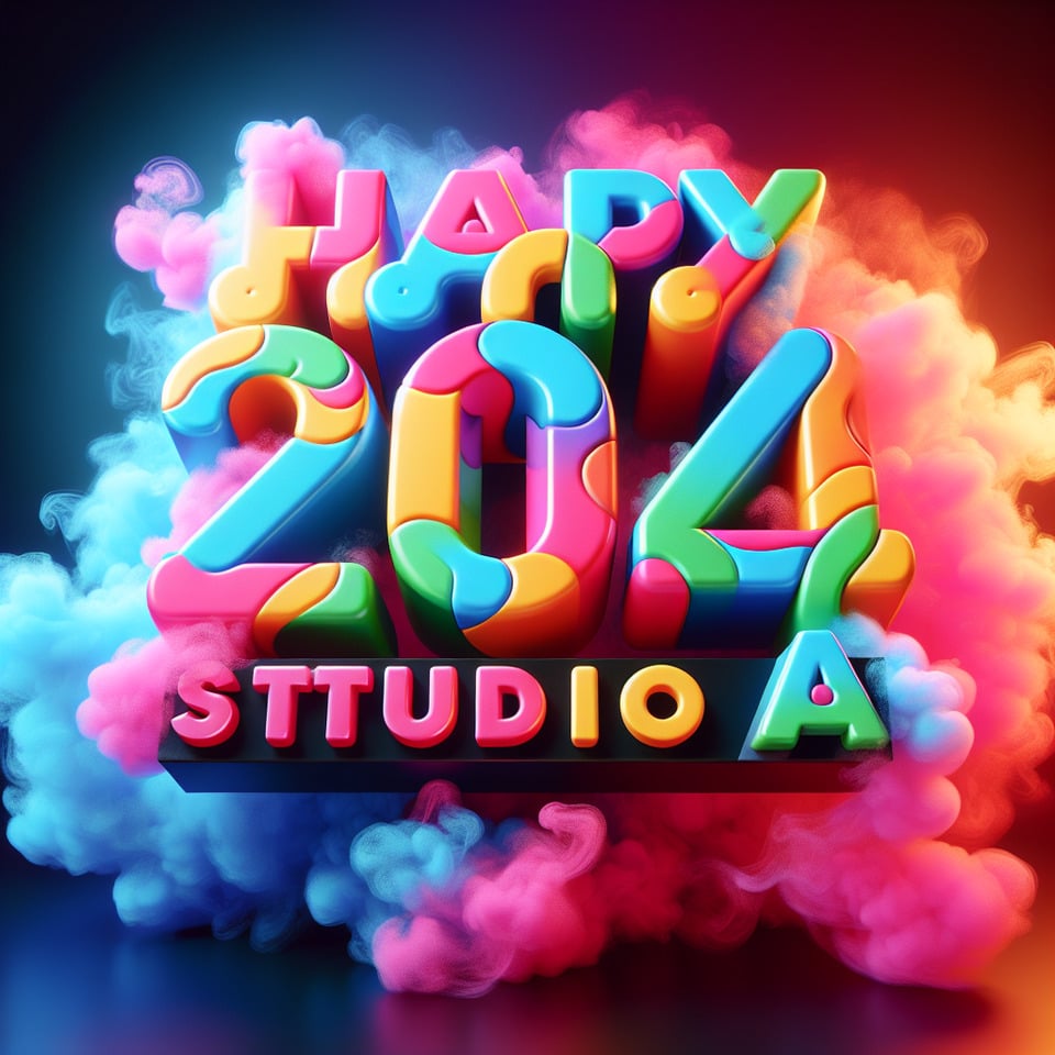 Texto Feliz 2024 Studio A com texto 3D colorido e fundo esfumaçado text effect image