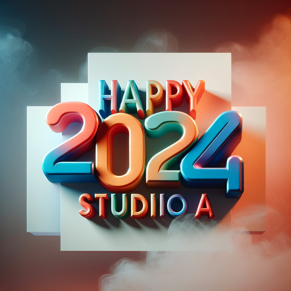 Texto Feliz 2024 Studio A com texto 3D colorido e fundo esfumaçado text effect image