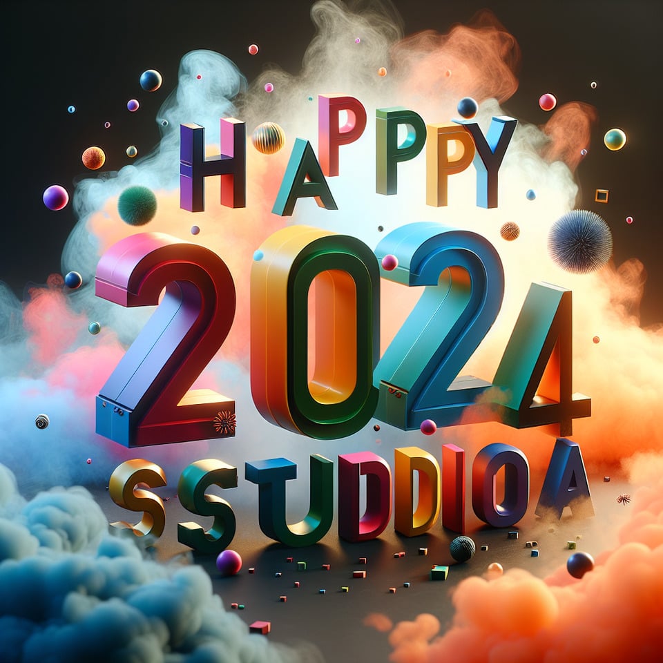Texto  Feliz 2024 Studio A  com texto 3D colorido e fundo esfumaçado text effect image