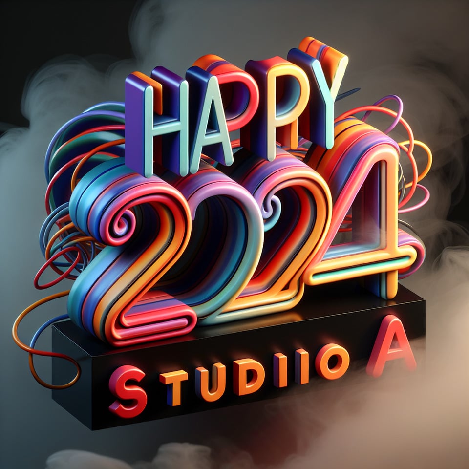 Texto  Feliz 2024 Studio A  com texto 3D colorido e fundo esfumaçado text effect image