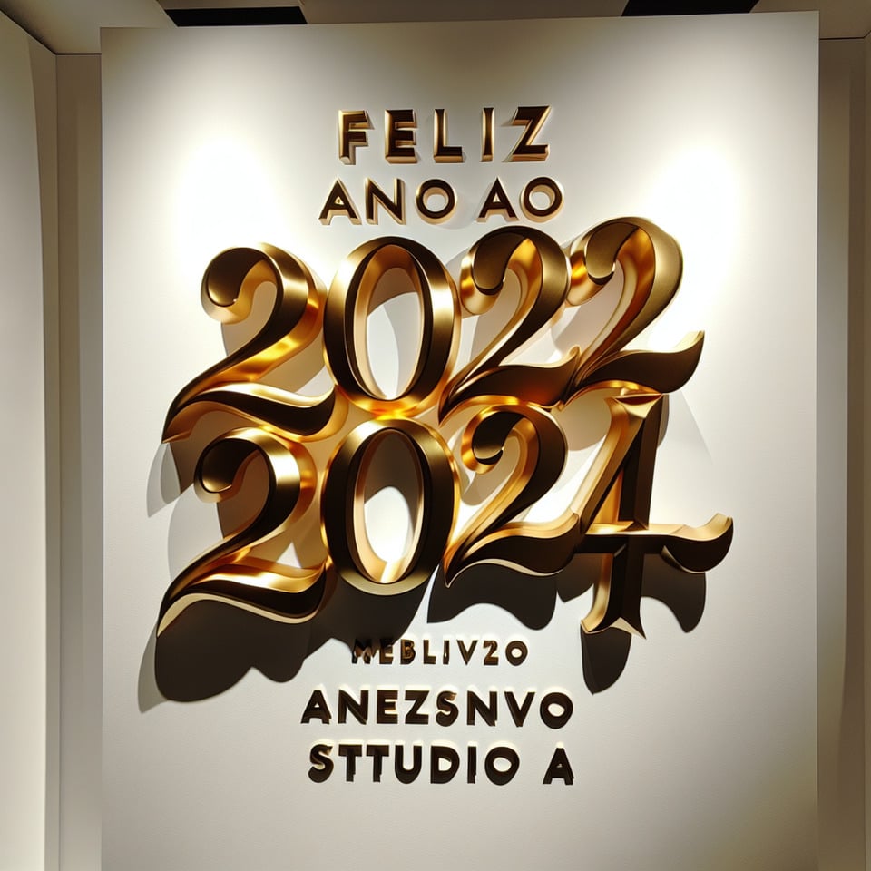 text 2024 Feliz Ano Novo Studio A lettering in luxury gold color on white background text effect image