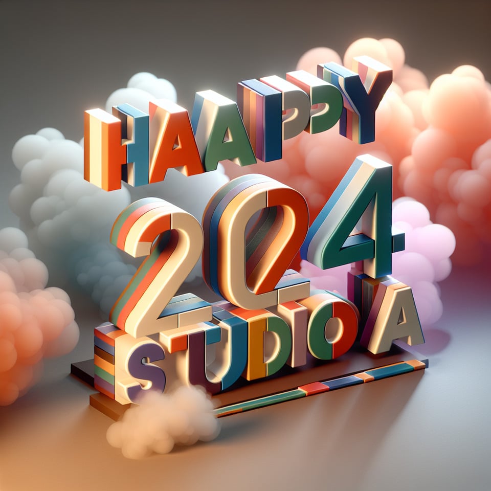Texto Feliz 2024 Studio A com texto 3D colorido e fundo esfumaçado text effect image