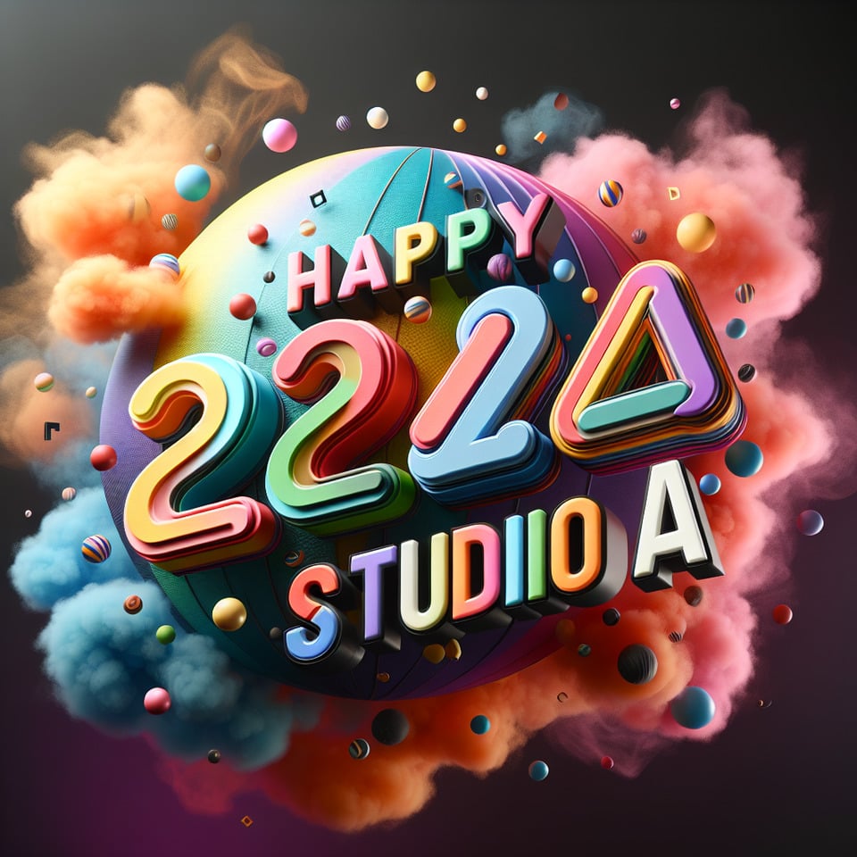 Texto Feliz 2024 Studio A com texto 3D colorido e fundo esfumaçado text effect image
