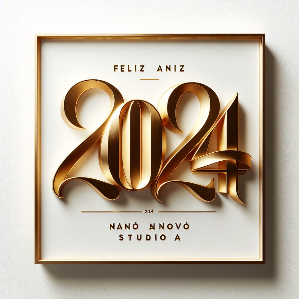 text 2024 Feliz Ano Novo Studio A lettering in luxury gold color on white background text effect image