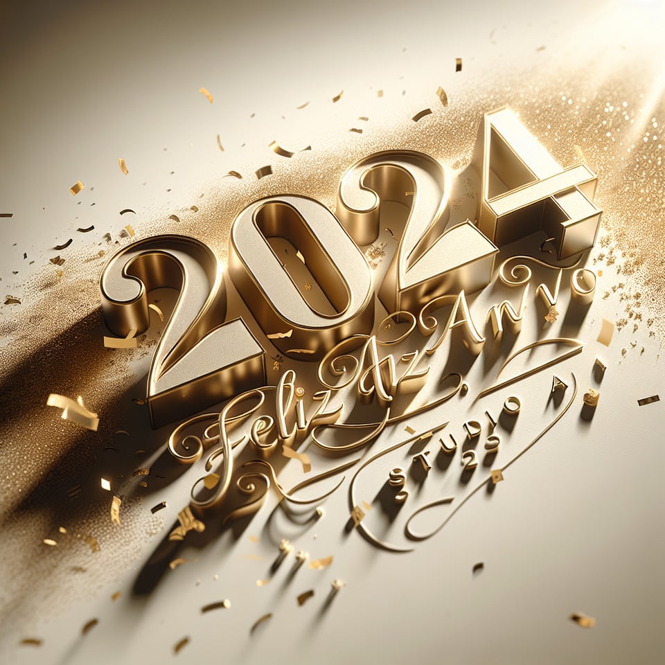 text 2024 Feliz Ano Novo Studio A lettering in luxury gold color on white background text effect image