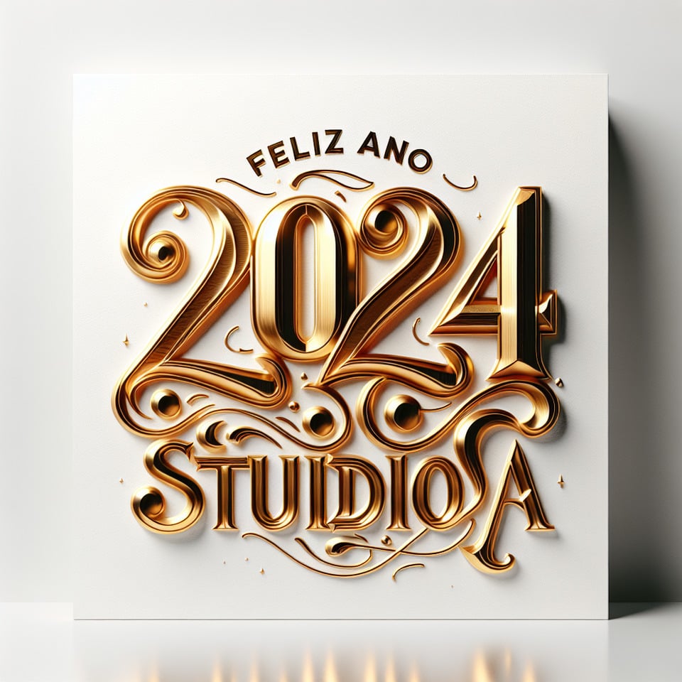 text 2024 Feliz Ano Novo Studio A lettering in luxury gold color on white background text effect image