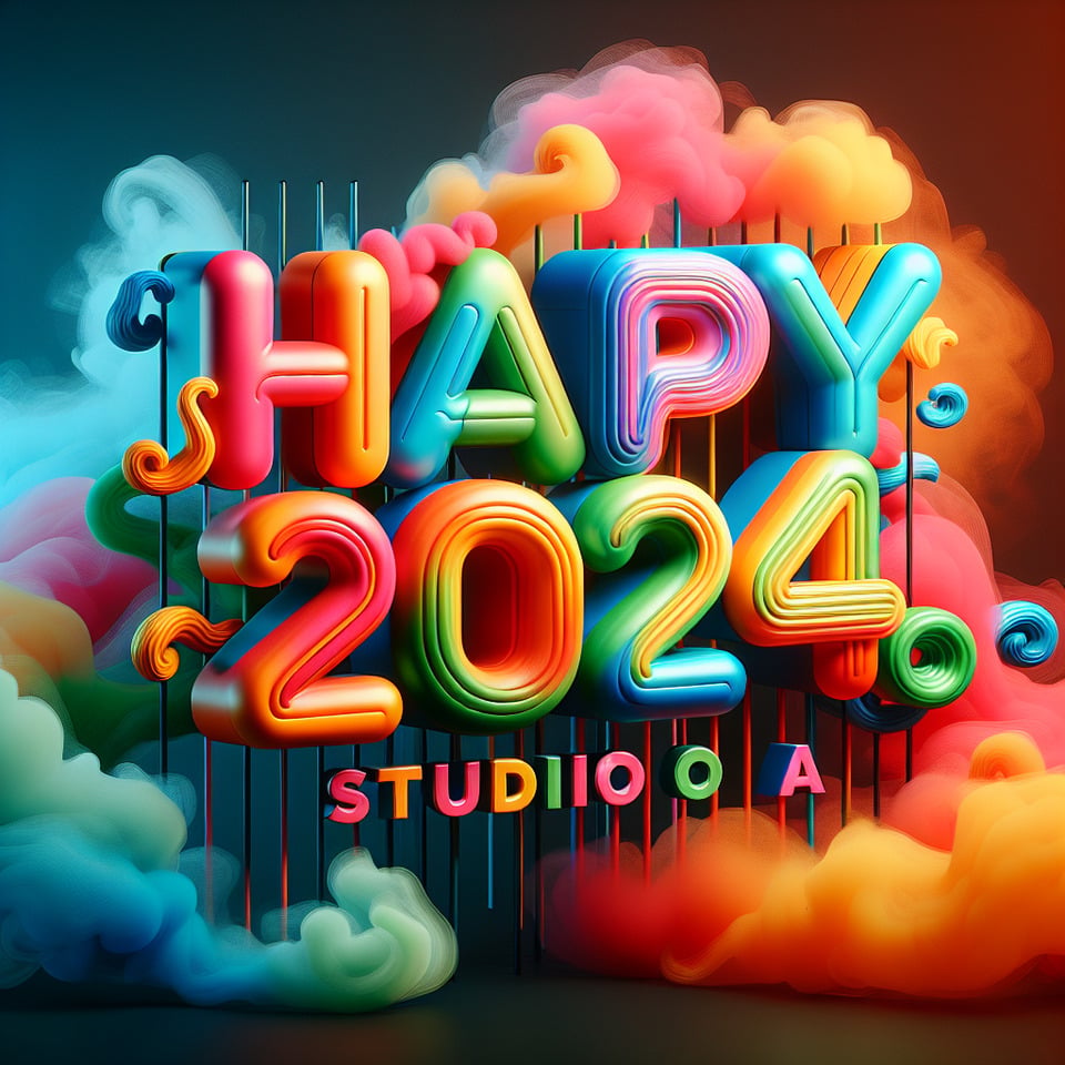 Texto Feliz 2024 Studio A com texto 3D colorido e fundo esfumaçado text effect image