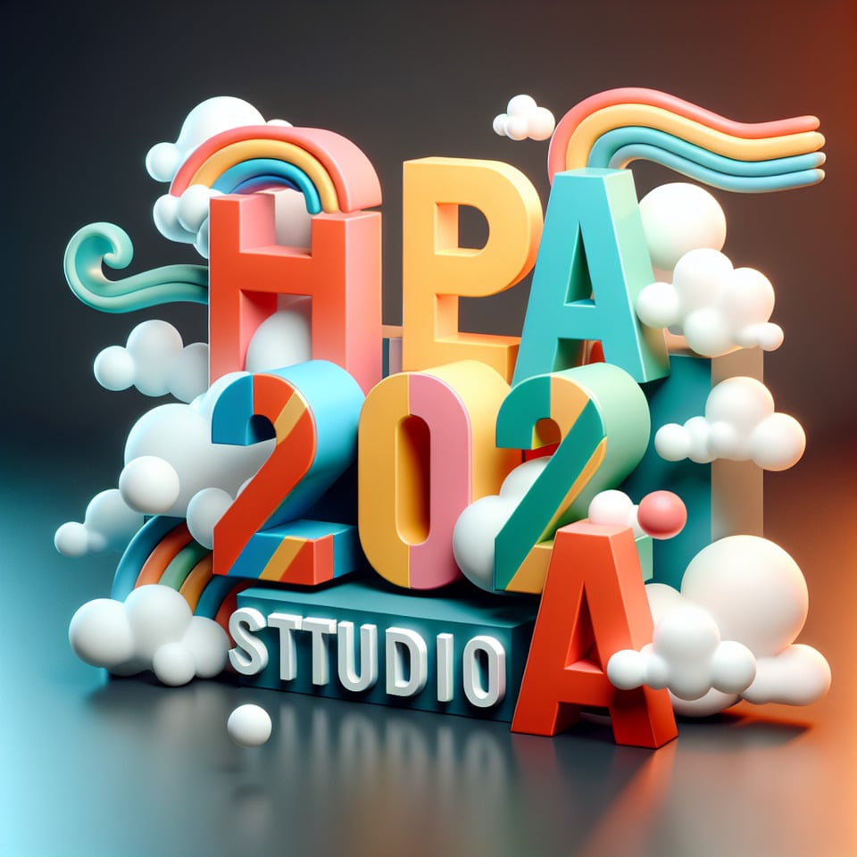 Texto Feliz 2024 Studio A com texto 3D colorido e fundo esfumaçado text effect image
