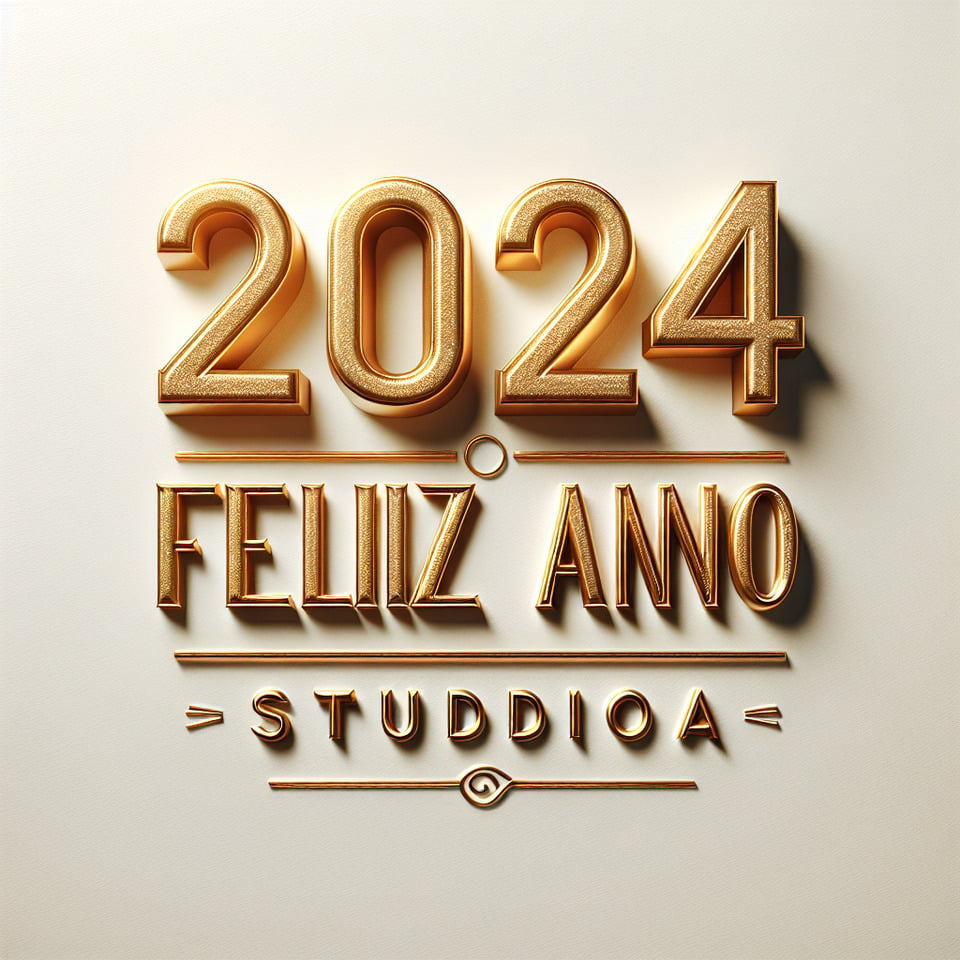 text 2024 Feliz  Ano Novo Studio A  lettering in luxury gold color on white background text effect image
