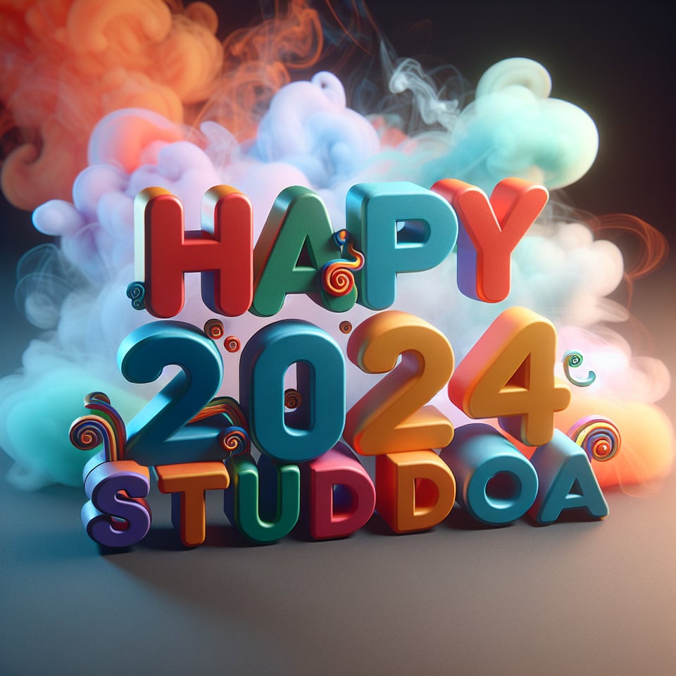 Texto Feliz 2024 Studio A com texto 3D colorido e fundo esfumaçado text effect image