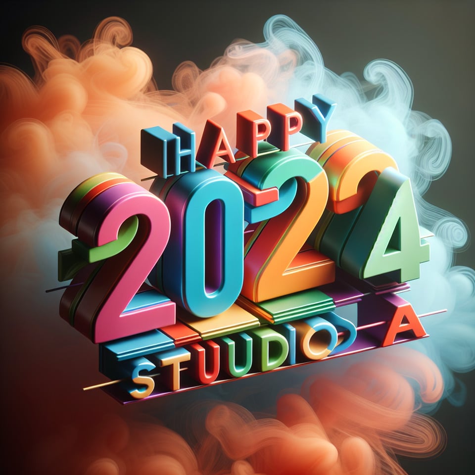 Texto Feliz 2024 Studio A com texto 3D colorido e fundo esfumaçado text effect image