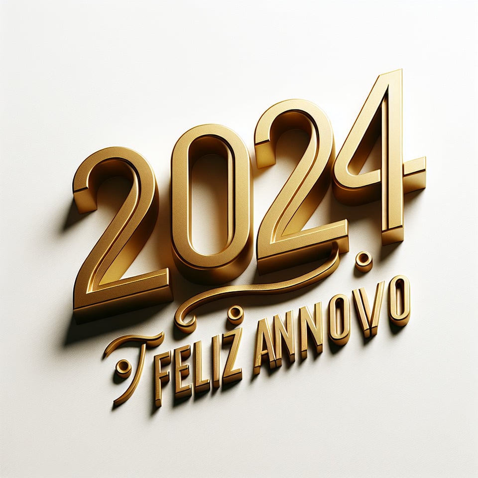 text 2024 Feliz  Ano Novo Studio A  lettering in luxury gold color on white background text effect image