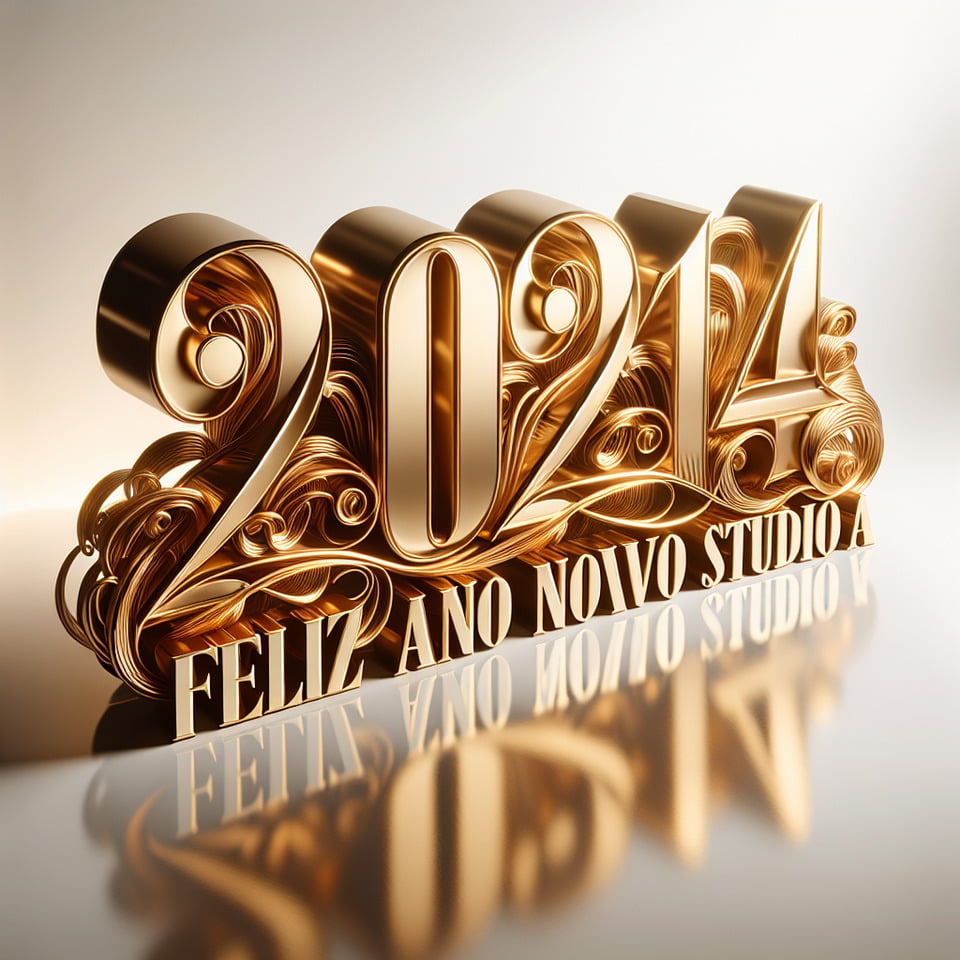 text 2024 Feliz Ano Novo Studio A lettering in luxury gold color on white background text effect image