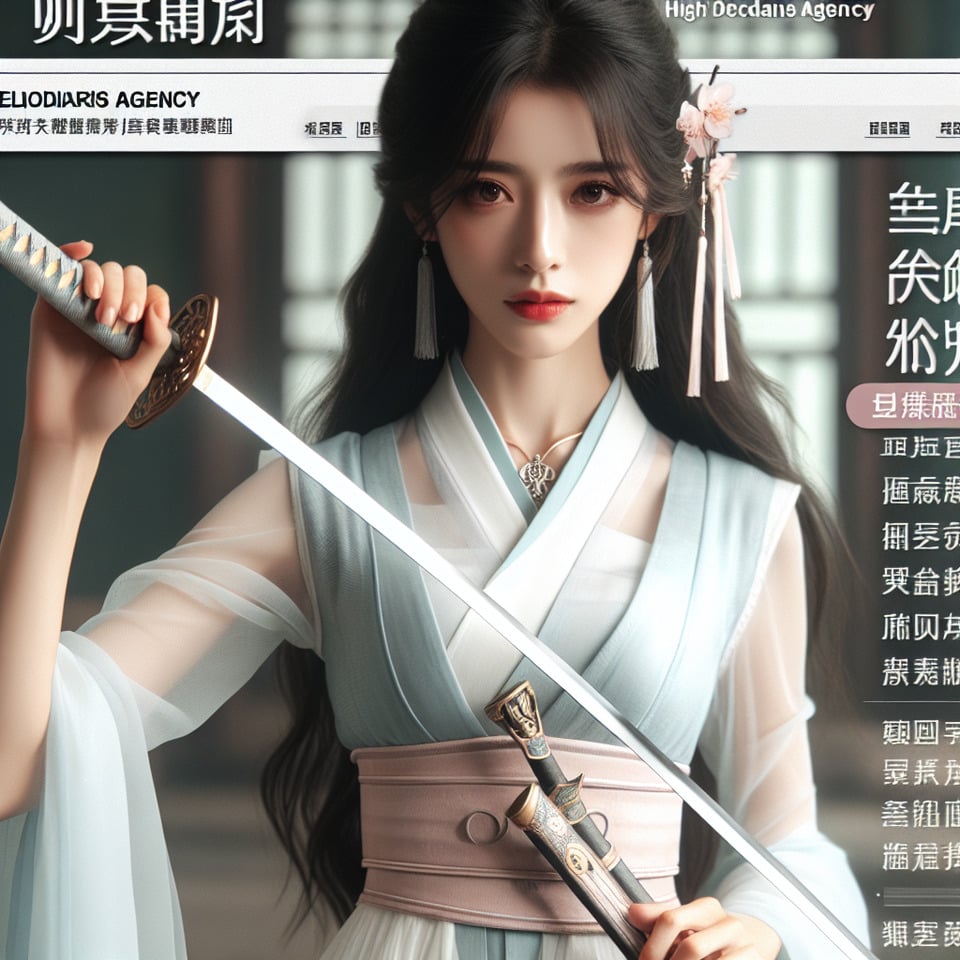 pendekar pedang wanita cantik dari cina .membawa pedang,dan ada headline bertuliskan melodiaris agency ,memakai hanfu modern,HD,fantasi,mirip film text effect image