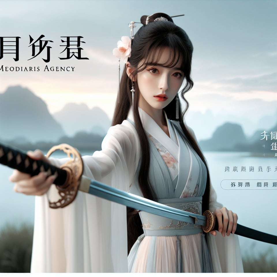 pendekar pedang wanita cantik dari cina .membawa pedang,dan ada headline bertuliskan melodiaris agency ,memakai hanfu modern,HD,fantasi,mirip film text effect image