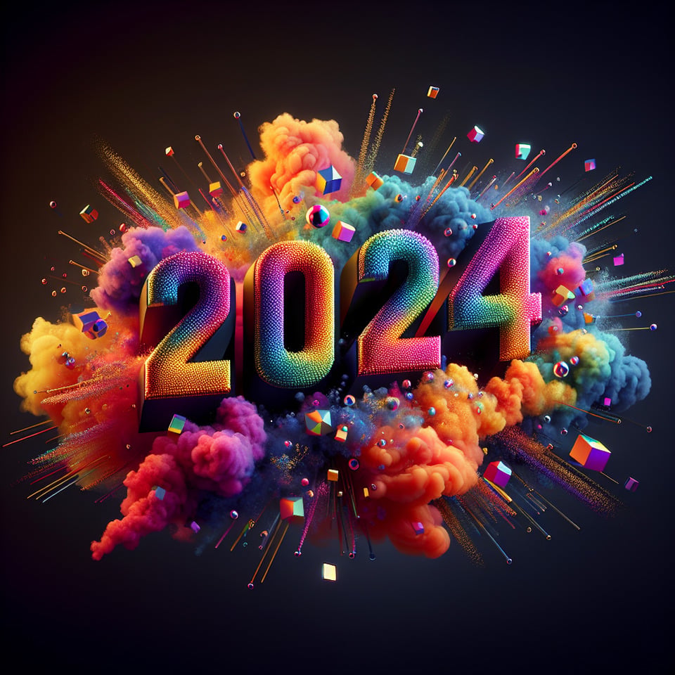 Text 2024 colorful splash 3d text and smoky background text effect image