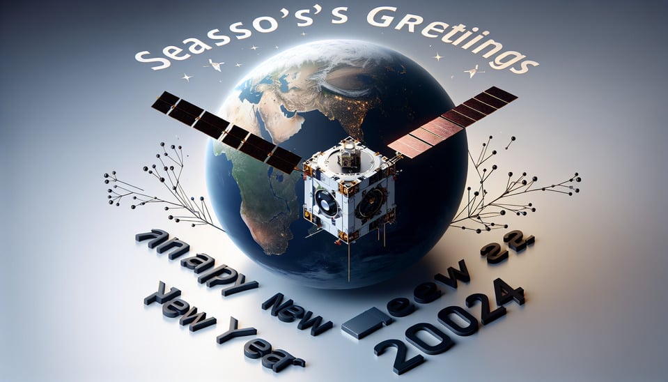 same size Text Season's Greetings and Happy New Year 2024 with background 1U cubesat in Low Earth Orbit,ITCA Space-Team text effect image