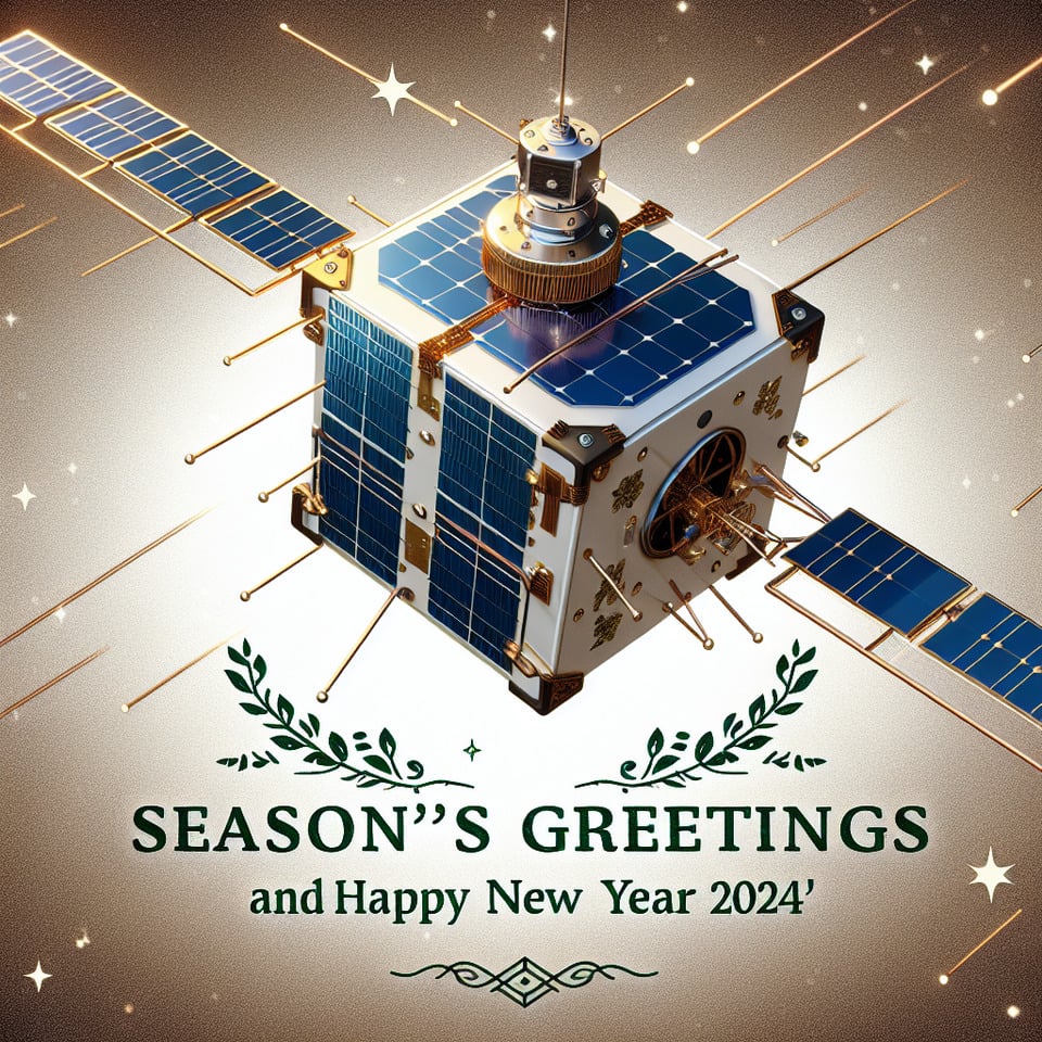 same size Text Season's Greetings and Happy New Year 2024 with background 1U cubesat with solar panel not deployed in Low Earth Orbit,ITCA Space-Team text effect image
