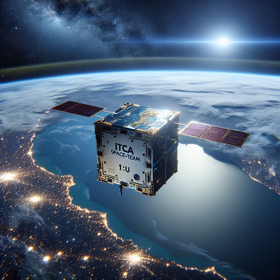  with background 1U cubesat without solar panel in Low Earth Orbit,ITCA Space-Team text effect image