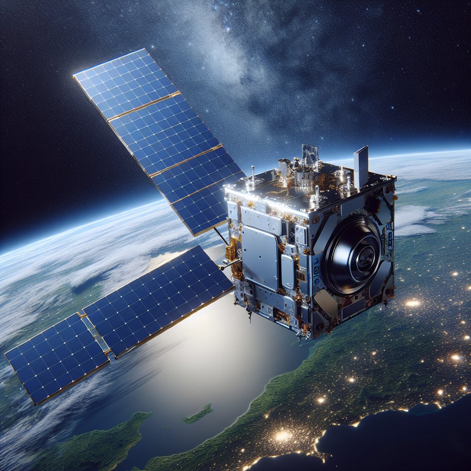  with background cubesat without solar panel in Low Earth Orbit,ITCA Space-Team text effect image