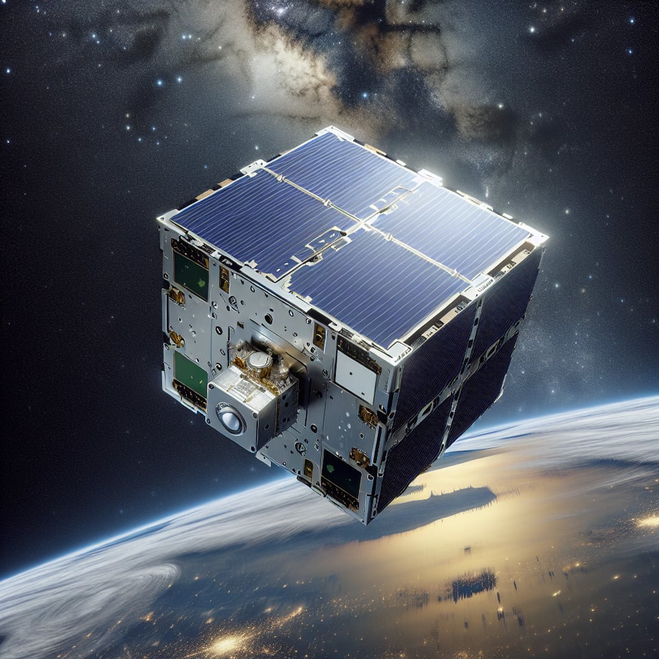 Text with background 1U Cube Satellite no solar panel not deployed in Low Earth Orbit,ITCA Space-Team text effect image