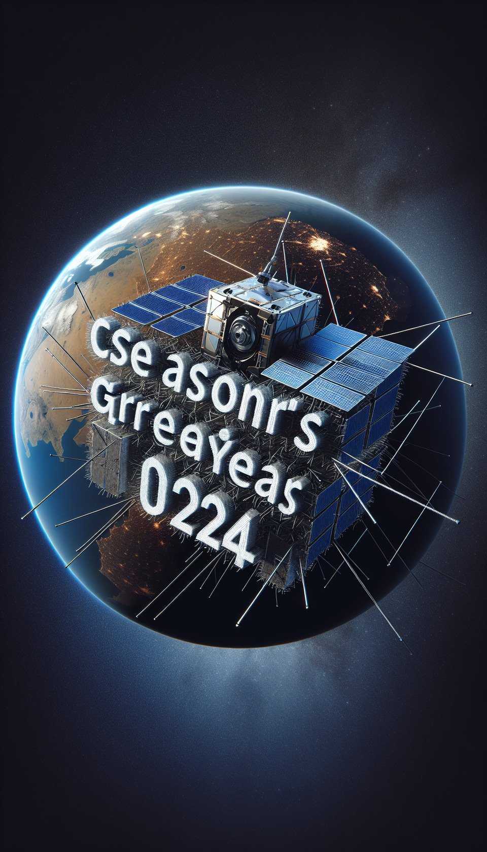 Text Season's Greetings and Happy New Year 2024 3d text with background 1U Cube Satellite no solar panel deployed in Low Earth Orbit,ITCA Space-Team text effect image
