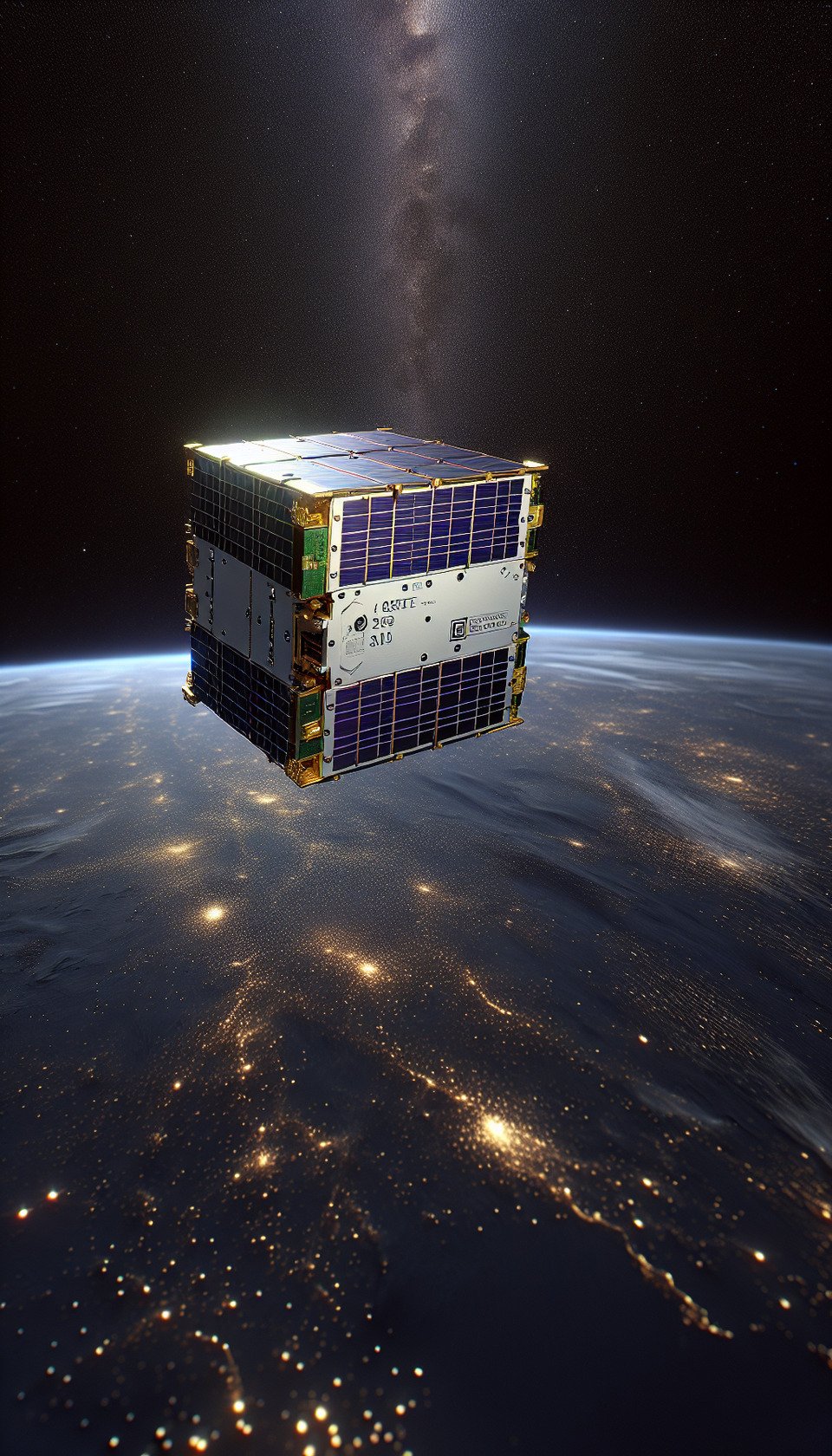 with space background 1U Cube Satellite no solar panel deployed in Low Earth Orbit,ITCA Space-Team text effect image
